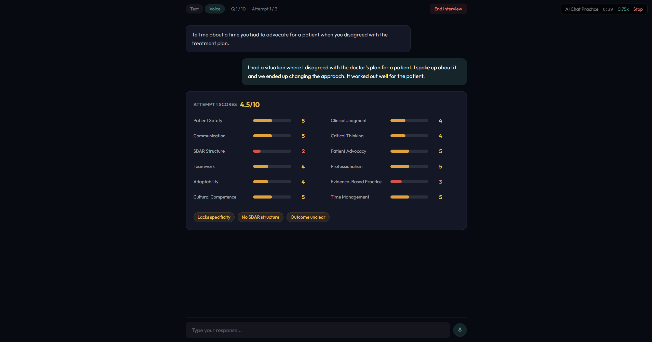 AI Chat Practice with detailed scoring breakdown